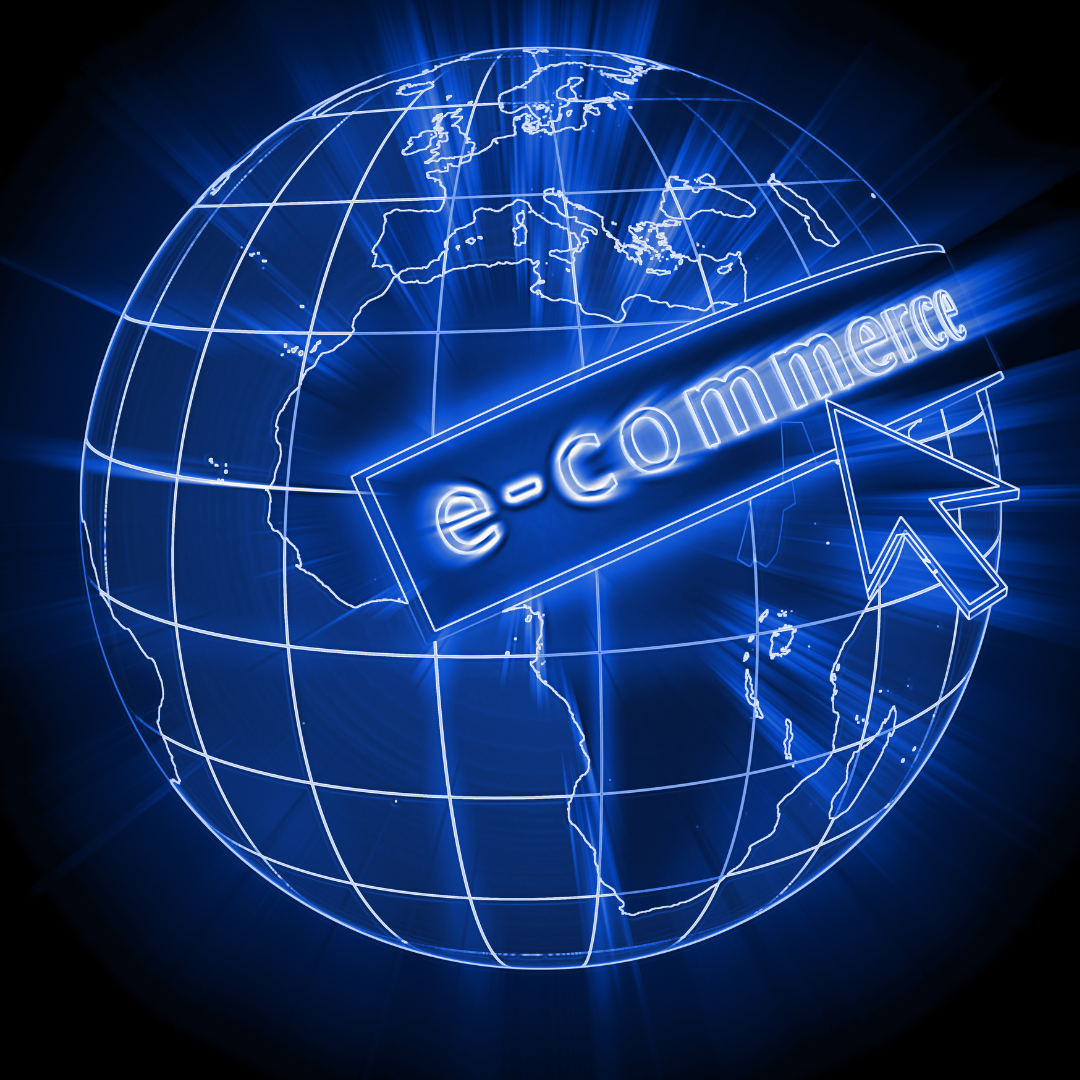 Glowing digital globe with 'e-commerce' text and a cursor icon, symbolizing global online commerce in blue tones.