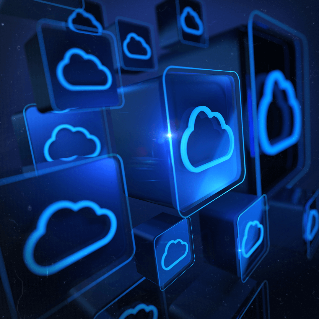 Transparent cubes with glowing blue cloud icons, symbolizing futuristic data storage and cloud computing