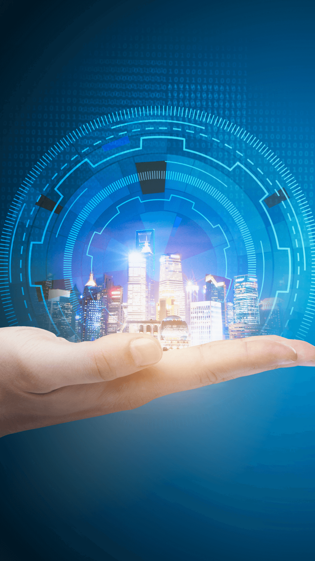 Hand holding a glowing futuristic cityscape surrounded by digital holographic elements on a blue background.