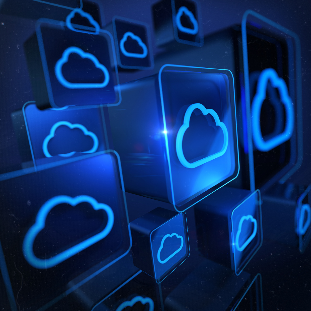 Glowing blue cloud icons on transparent cubes, representing cloud computing and futuristic data storage.