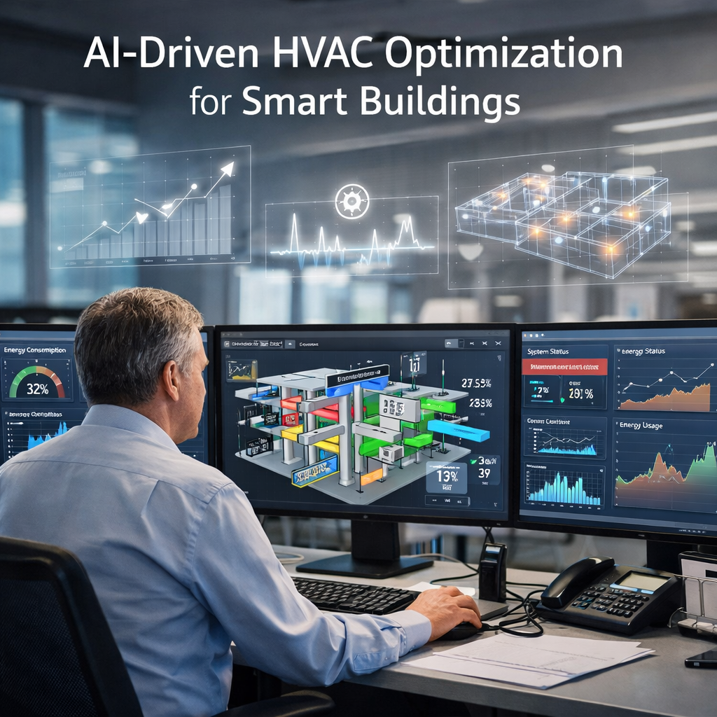 Person working at a desk with multiple computer monitors displaying AI-driven HVAC optimization software.