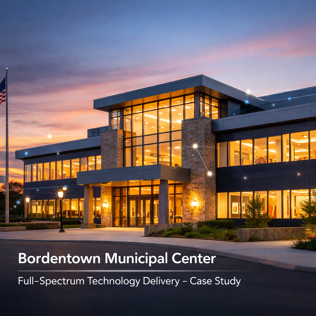 Modern municipal building with illuminated windows at dusk, featuring 'Bordentown Municipal Center' text.