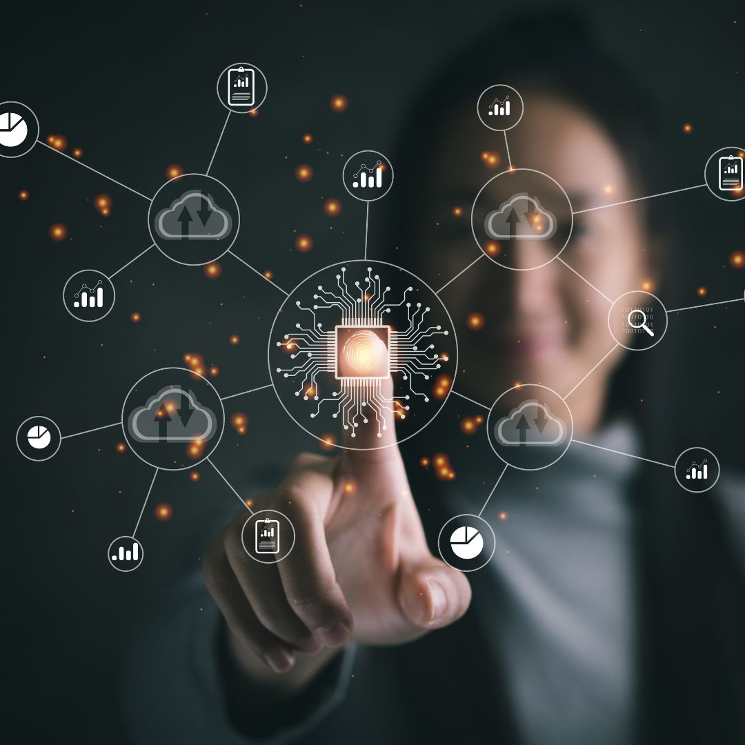 Cloud computing, data security, and biometric authentication visualized on a digital interface.