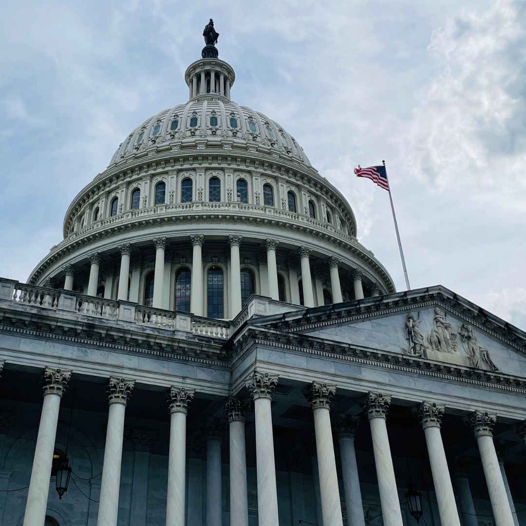 The United States Capitol building with its dome and the American flag waving under a cloudy sky.