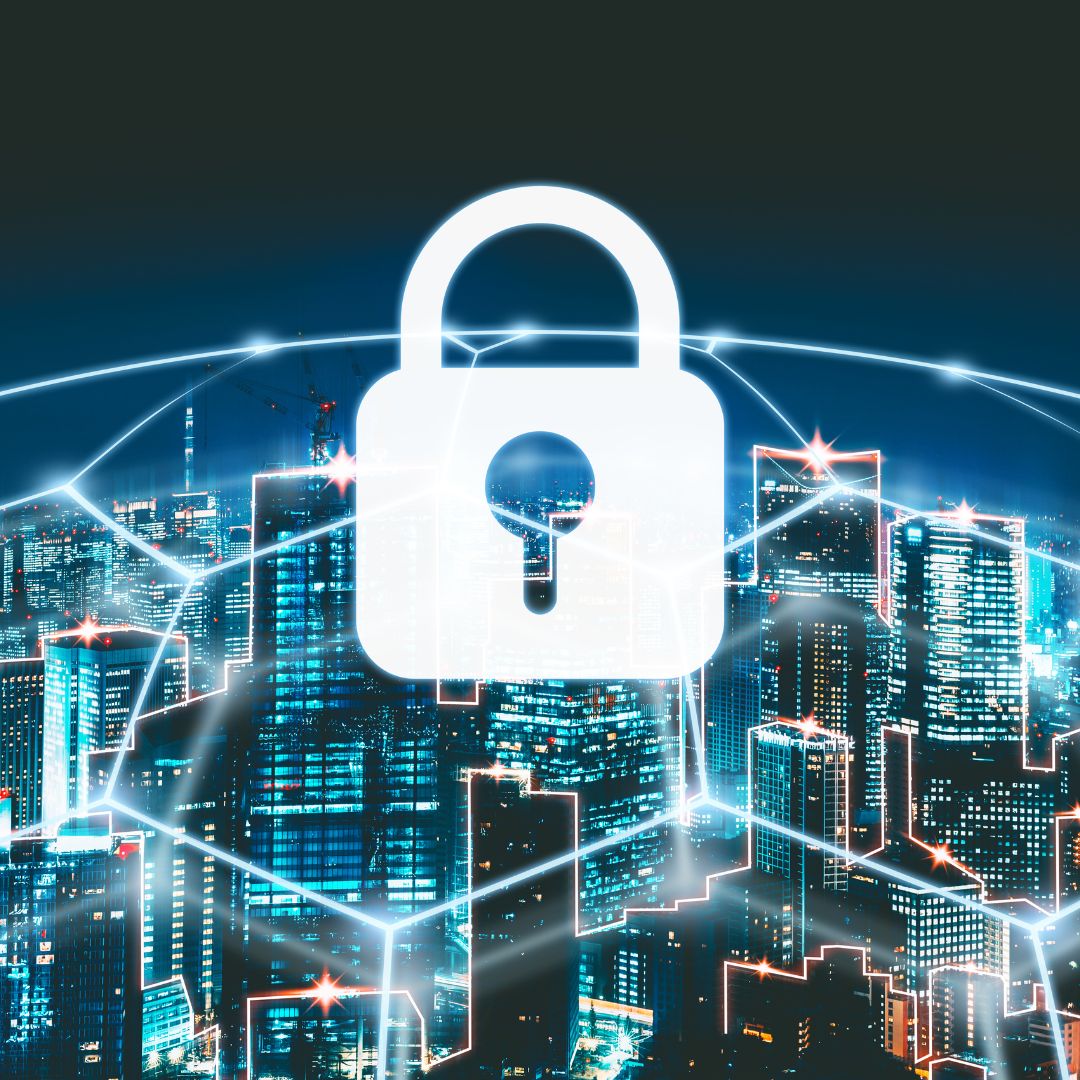 Aptimized's cybersecurity solutions visualized with a secure lock icon overlaying a connected cityscape.