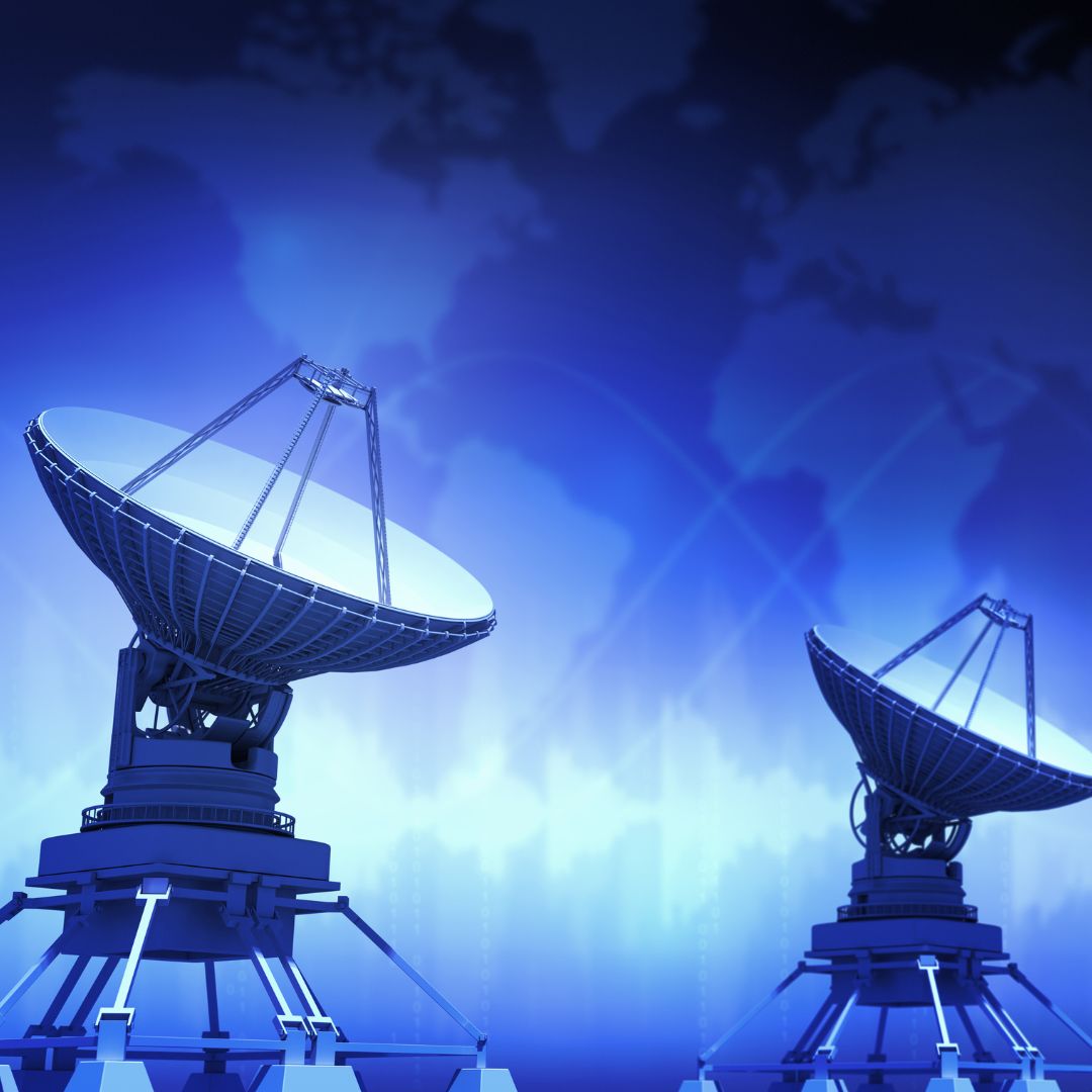 Satellite dishes against a blue background, symbolizing global communication and data connectivity for Aptimized.
