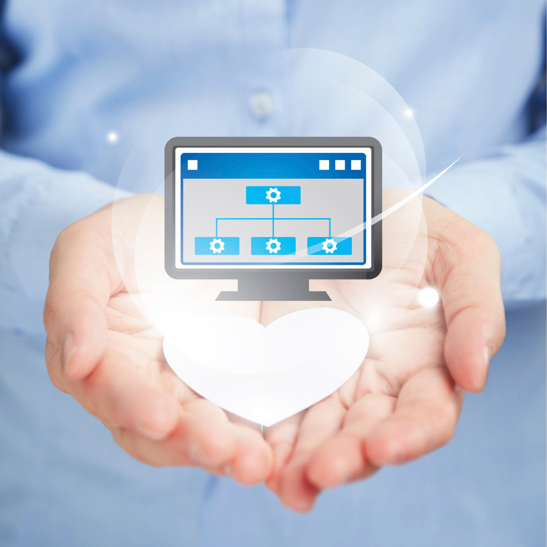 Hands holding a glowing heart and screen with workflow icons, representing Aptimized's innovative, people-centered solutions.