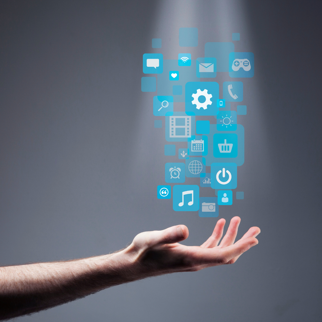 A hand above various elements, including settings, music, gallery, mail, and messages.