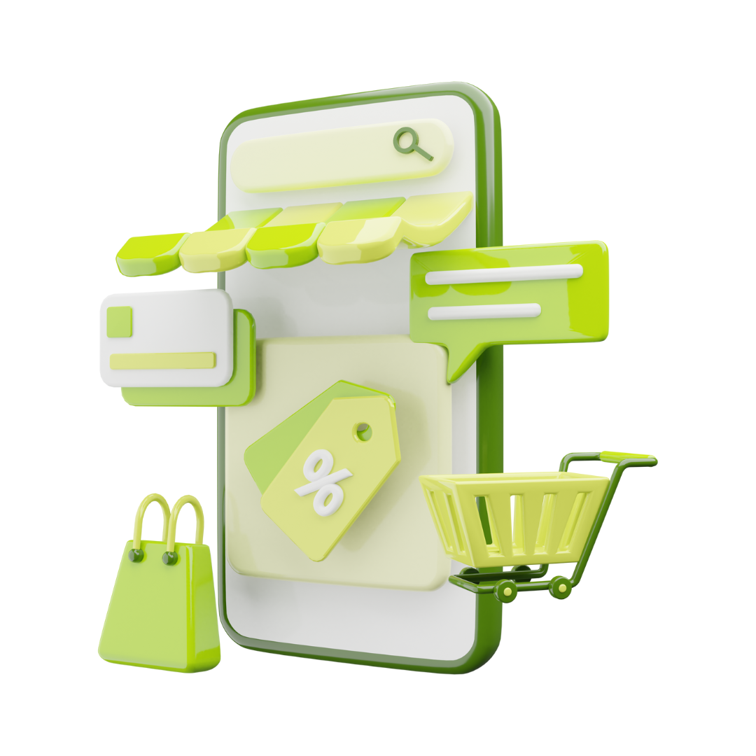 A 3D mobile shopping interface with a cart, bags, percentage tag, and chat bubbles, highlighting online retail.