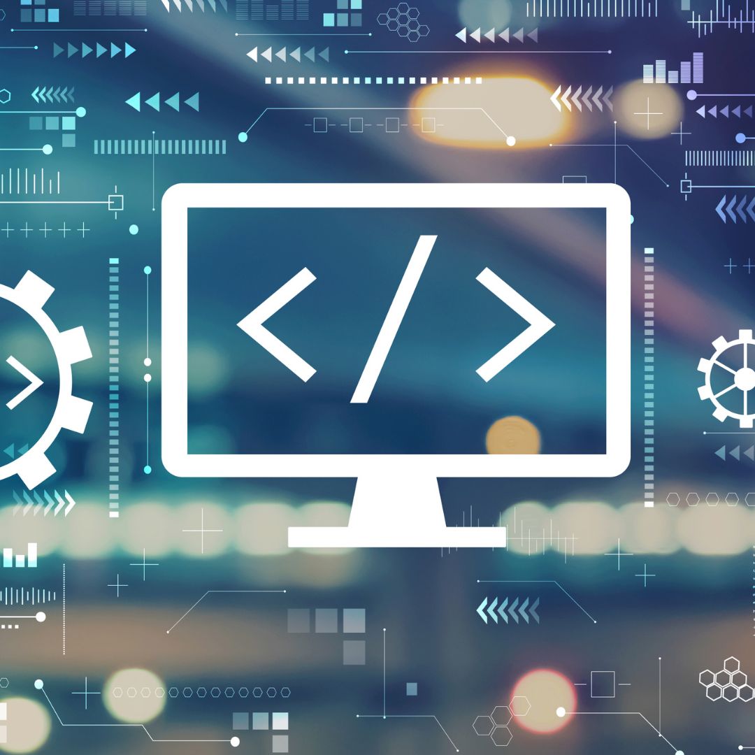 Programming concept:  Computer screen with angle brackets code symbol.