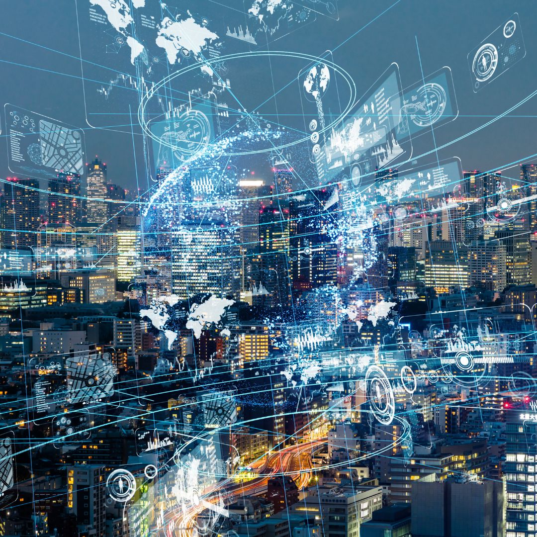 A digital globe superimposed on a cityscape, representing Aptimized's global presence and cutting-edge technological solutions.
