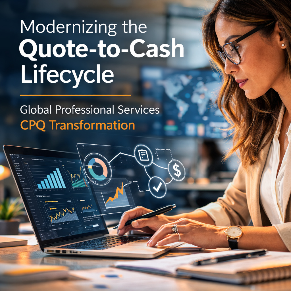Woman using a laptop with financial software, text about quote-to-cash lifecycle and CPQ transformation.