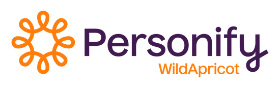 Personify logo with "WildApricot" tagline, featuring an orange looped design, purple "Personify," and orange "WildApricot.